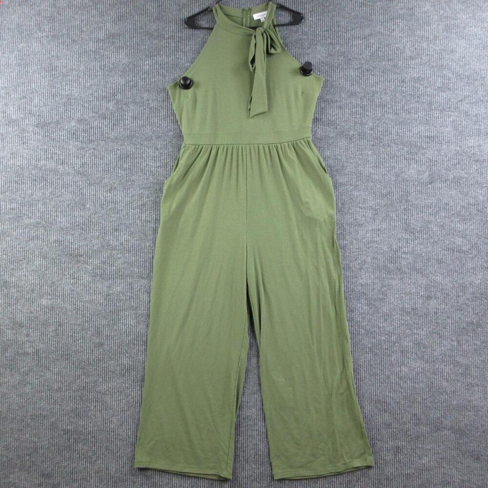 Gilli Jumpsuit Womens 1X Green High Neck Strap Pockets Relaxed Wide Leg NWT